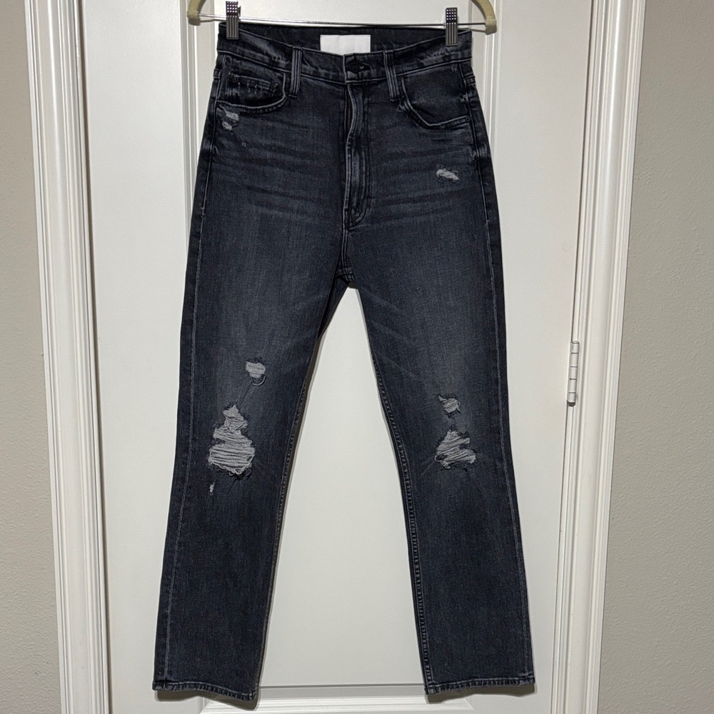 MOTHER High Waisted Rider Ankle Black Gray Distressed Straight Jeans 27 Like New